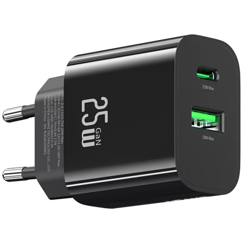 USB charger usams USA001629 25W 1×USB-C + 1×USB-A fast charging