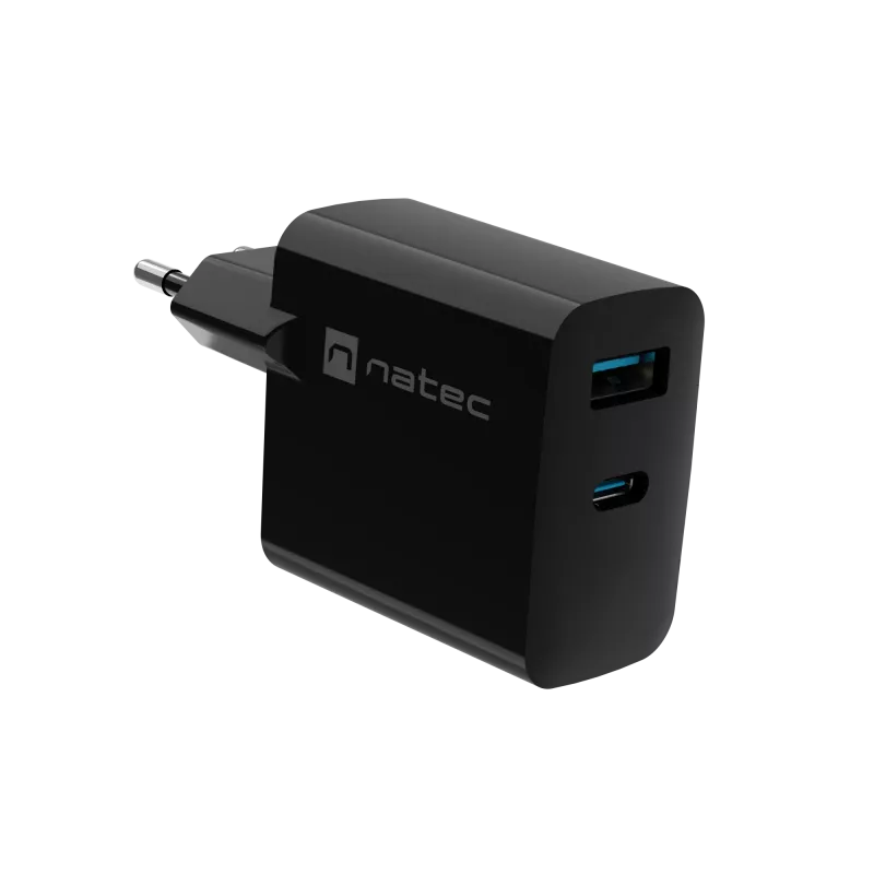 Wired Mobile Device Charger NATEC NUC-2145, 65W, USB-C PD 3.0 + QC 3.0, 1x USB-C, 1x USB-A, 110–240V, Black