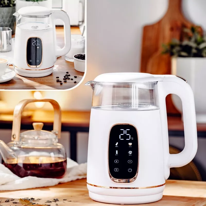 Electric kettle Adler AD 1305WG — 1.7 L, 2200 W, glass/plastic, white/gold/transparent