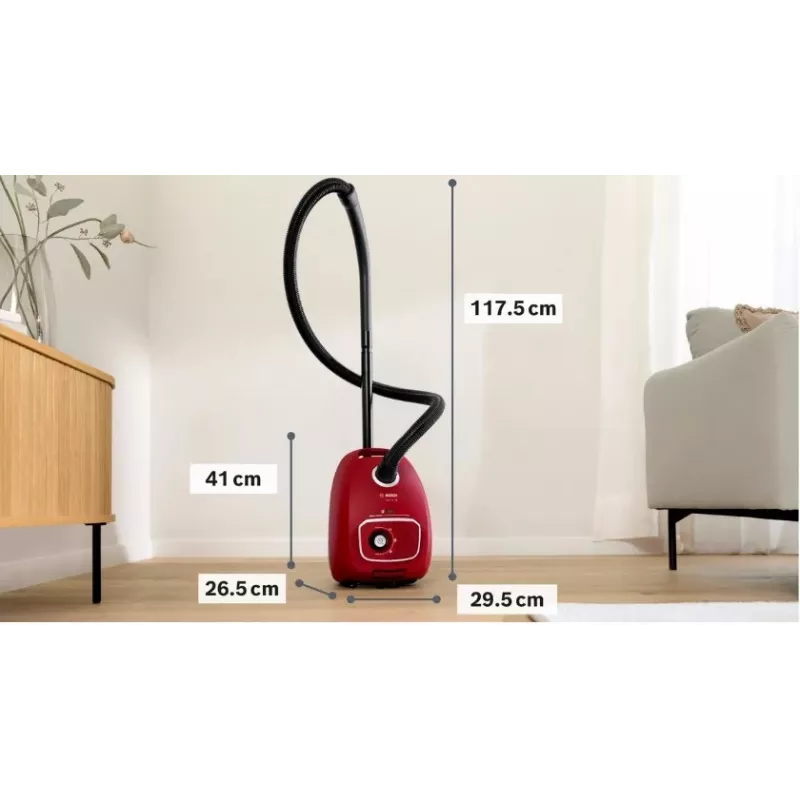 Vacuum cleaner Bosch BGB 41RD3H — 600 W, 4 L dust bag, HEPA filter, 11 m radius, telescopic tube, red