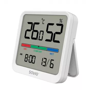 Indoor temperature and humidity sensor SAVIO CT-01/W, LCD display, -10–55°C, 10–99%RH, battery CR2032