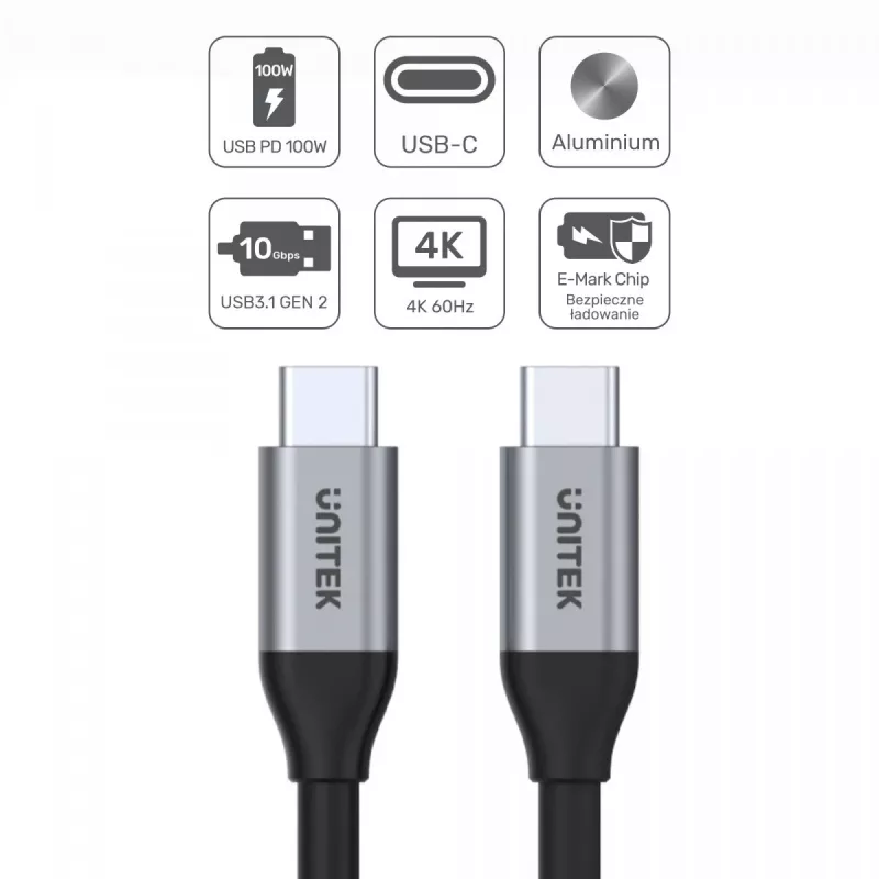 USB C to C data and charging cable Unitek C14082ABK 1 m, USB 3.2 Gen 2 (10 Gbit/s), 100 W PD, black