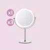 Freestanding Makeup Mirror Girmi BE02 — Round stainless steel, LED touch control, 1x/3x magnification, USB-C rechargeable (1000 mAh)