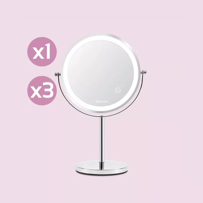 Freestanding Makeup Mirror Girmi BE02 — Round stainless steel, LED touch control, 1x/3x magnification, USB-C rechargeable (1000 mAh)