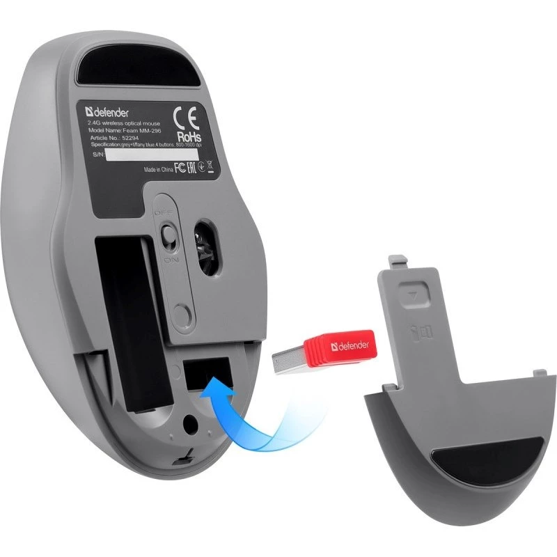 Wireless mouse DEFENDER Silent Click C Mint 52294 — ambidextrous, 1600 DPI, 2.4 GHz nano USB