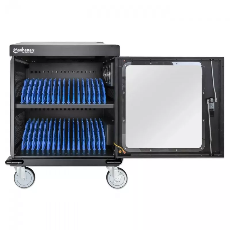 Manhattan Laptop Charging Cart/Trolley via AC Adapter (EU) 32-bay, Install device's AC Adapter (power cables) into unit, Suitable for ALL laptops (to 15.6 inch), iPads, MacBooks, Chromebooks, other USB-C devices, Bays 380x30x280mm, Cabinet, Lockable