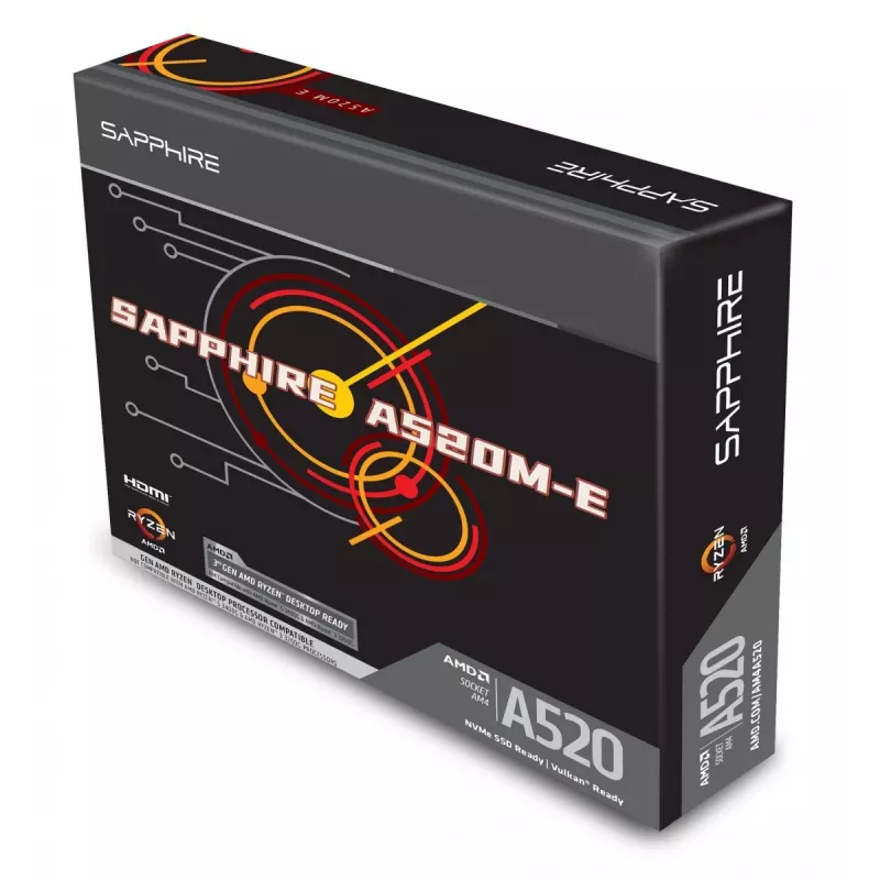Micro ATX motherboard Sapphire A520M-E for Socket AM4, AMD A520 chipset, 2x DDR4 DIMM, max 64 GB, PCIe 3.0 x16/x1, SATA III, Gigabit LAN