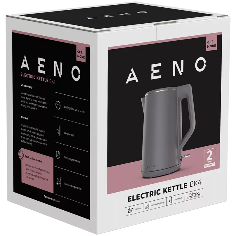 AENO Electric Kettle EK4: 1850-2200W, 1.5L, Strix, Double-walls, Non-heating body, Auto Power Off, Dry tank Protection
