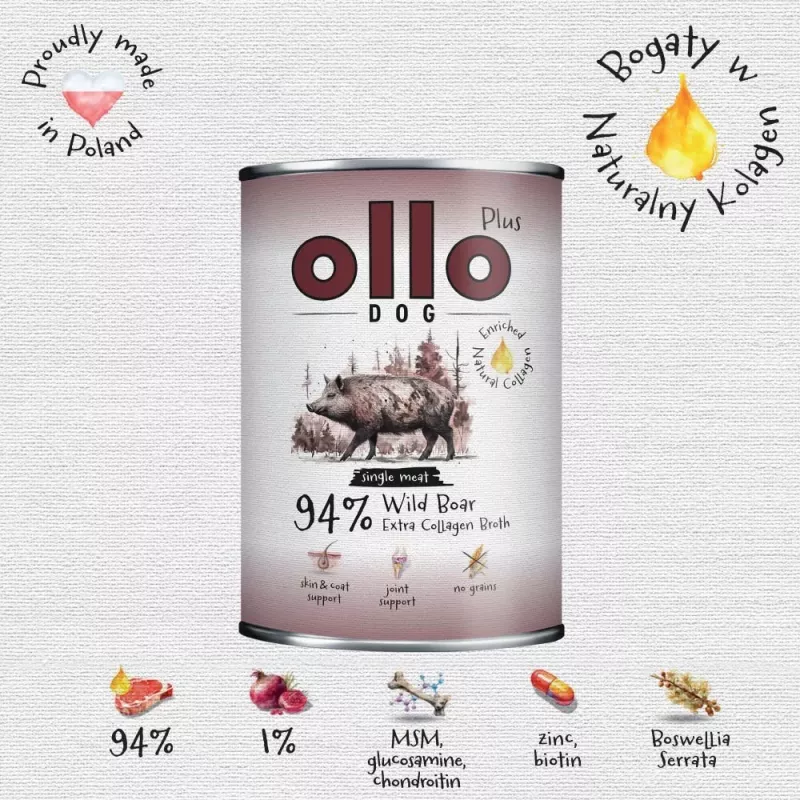 Ollo Plus Kolagen Wild Boar 400g dog food can