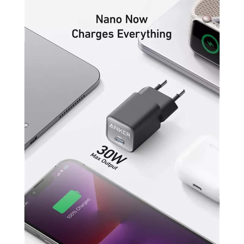 Indoor AC Charger Anker 511 Nano 3 — 30W, 1× USB-C, 100–240V, Black