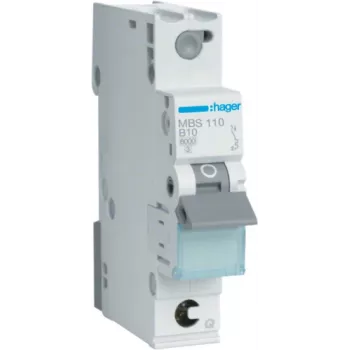 Hager MBS110. Rated Current: 10 A, AC Input Frequency: 50/60 Hz, Nominal Current Output: 10 A. Type: B-type, Module Quantity (max): 1 Module(e). Width: 17,5 mm, Depth: 70 mm, Heigh