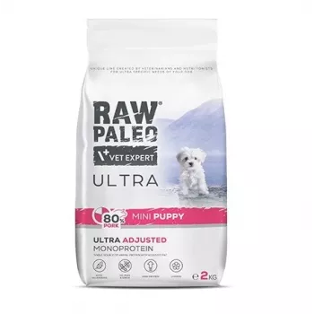 Dry dog food VETEXPERT RAW PALEO Ultra Mini Puppy Pork 2 kg — complete feed for toy and small-breed puppies, 33% protein, 19% fat