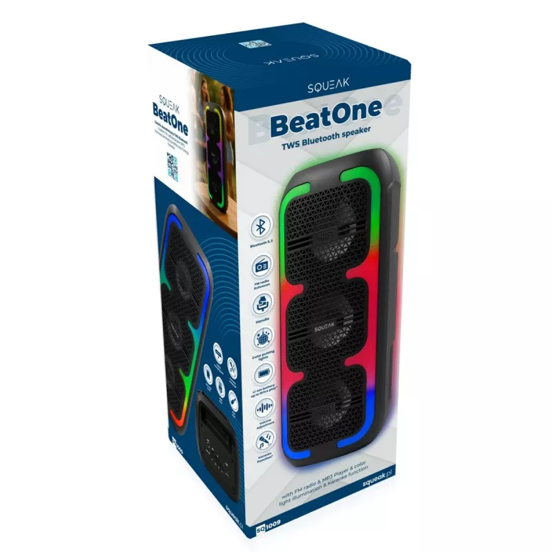 Portable stereo speaker SQUEAK SQ1009 — Bluetooth 5.3, 45W RMS, 10h battery, FM, USB, AUX, LED, 1800 mAh, Black