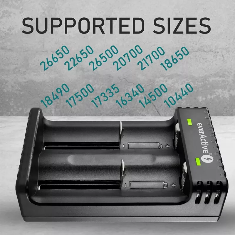Battery charger everActive LC200 household USB, 2-bay, Li-Ion, supports A/AA/AAA/AAAA/C/D, 5 V input, 4.2 V output, black