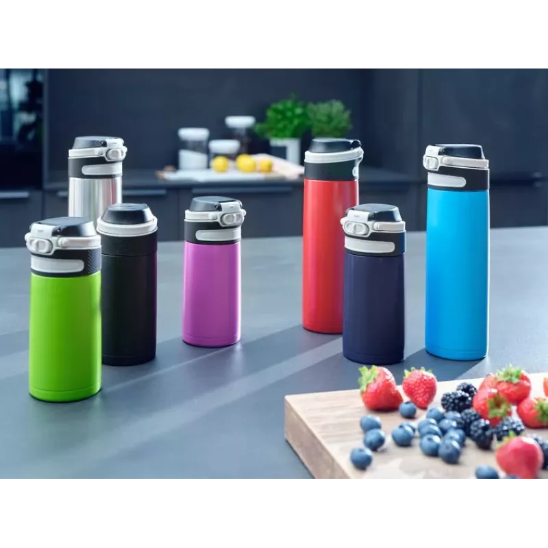 Travel mug Leifheit 03245 stainless steel 350 ml, double-wall, leakproof, flip-top lid, black/red