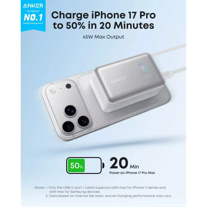 Power bank Anker A1638 10000 mAh, 45 W total output, white, built-in retractable USB-C cable