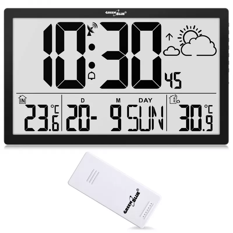 Wall clock GreenBlue GB218 — extra large LCD, weather station, indoor/outdoor temperatures, date display