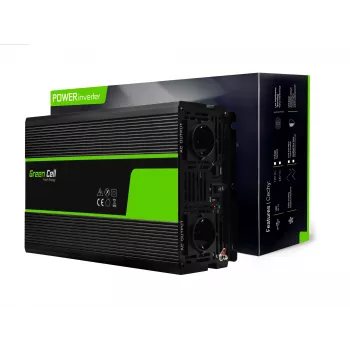 Car Power Inverter Green Cell INV22 — 1500 W, 12 V DC to 230 V AC, 50 Hz, LED, active cooling, black