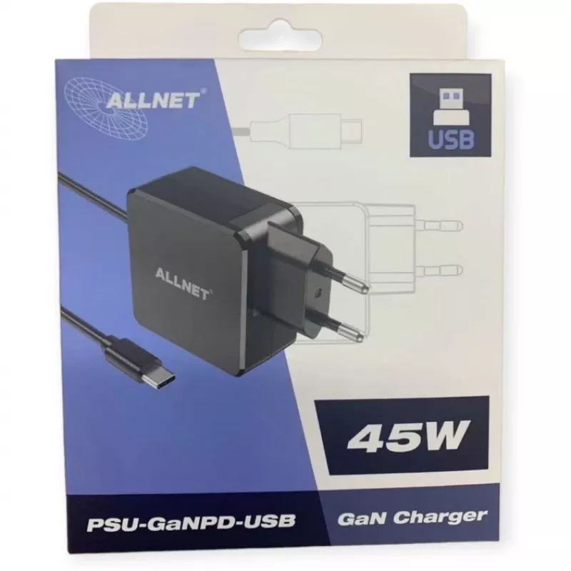 Power supply ALLNET PSU-GaNPD-USB-F1C-45W 45W USB-C PD charger with 2 m cable and EU plug