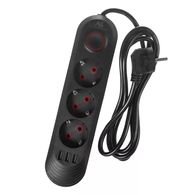 Power strip MACLEAN MCE394 B — 3 sockets + 3×USB A, 110–240V, 2.1A USB, 2500W, 1.5 m cable, black