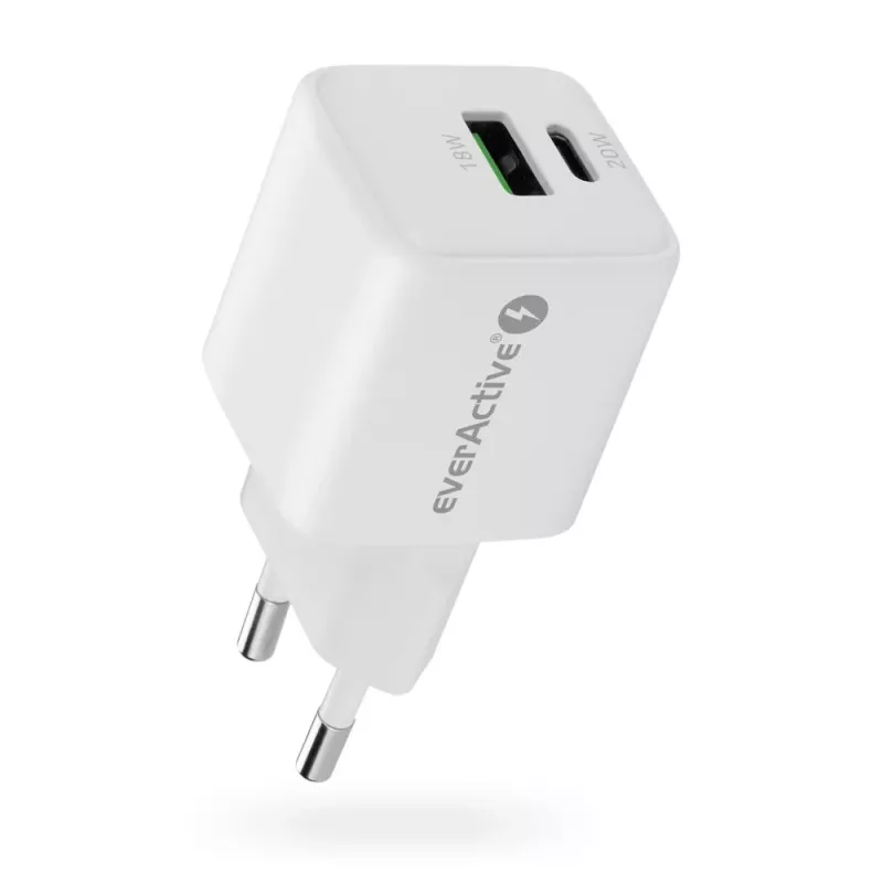 Wall charger everActive SC-330Q with 1x USB-A and 1x USB-C ports, 20W, white