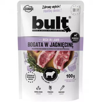 Wet dog food BULT Rich in lamb 100 g pouch — complete adult feed, 75% moisture, 12% protein, grain-free