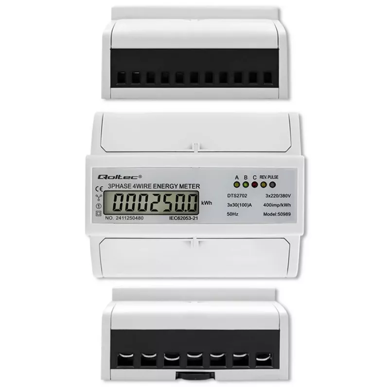 Qoltec Three Phase Bi-Directional Electronic Meter | DIN rail energy consumption meter | 400V | 100A | LCD | 4P