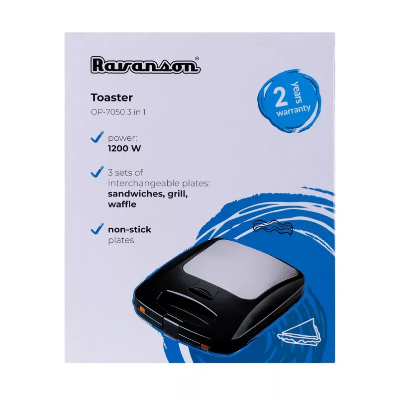 Ravanson OP-7050 3-in-1 Sandwich Maker, 1200 W, Black/Silver