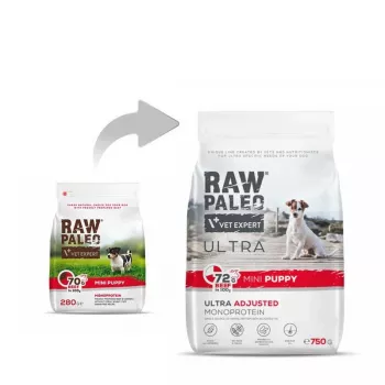 Dry dog food VETEXPERT RAW PALEO Ultra Mini Puppy Beef 750 g — grain-free, protein 30.5%, fat 16.5% for small breeds (5–10 kg)