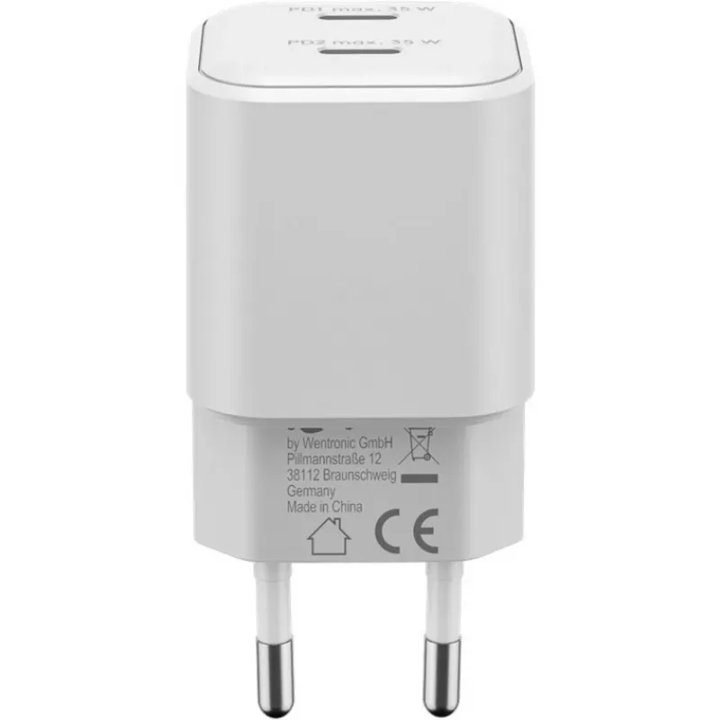 USB-C Dual-Fast Charger Nano, PD, GaN, 35 Watt (White, 2x USB-C, Power Delivery 3.0)