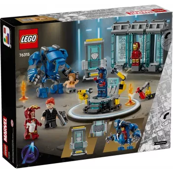 LEGO playset Marvel Iron Man's Laboratory Hall of Armor 76315 — 384 pieces, 5 minifigures, display area