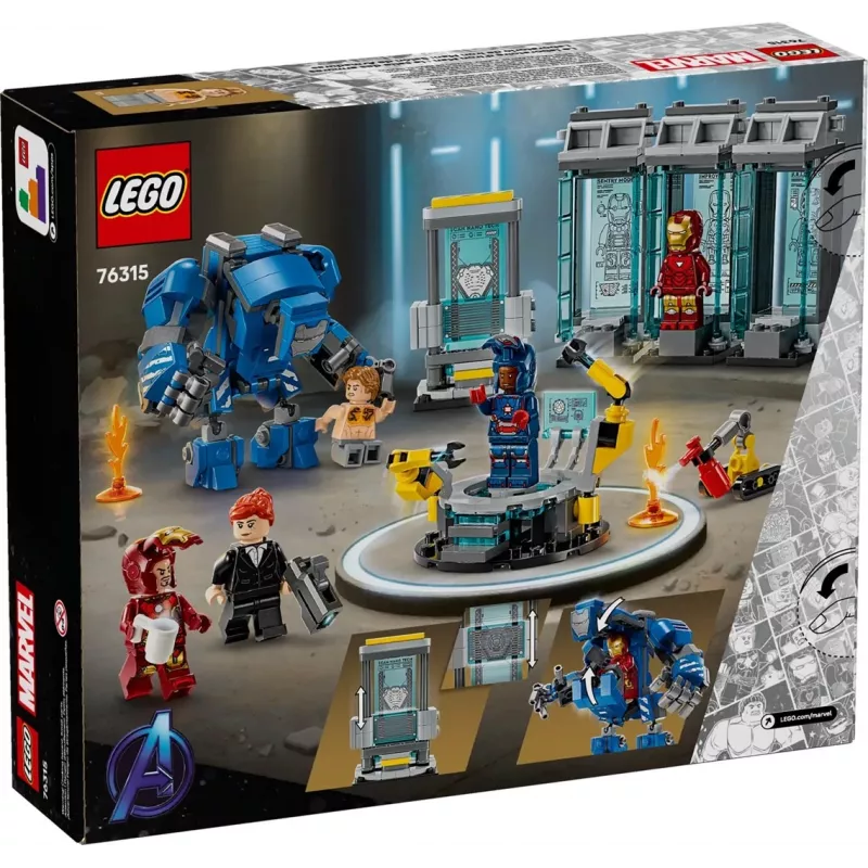LEGO playset Marvel Iron Man's Laboratory Hall of Armor 76315 — 384 pieces, 5 minifigures, display area