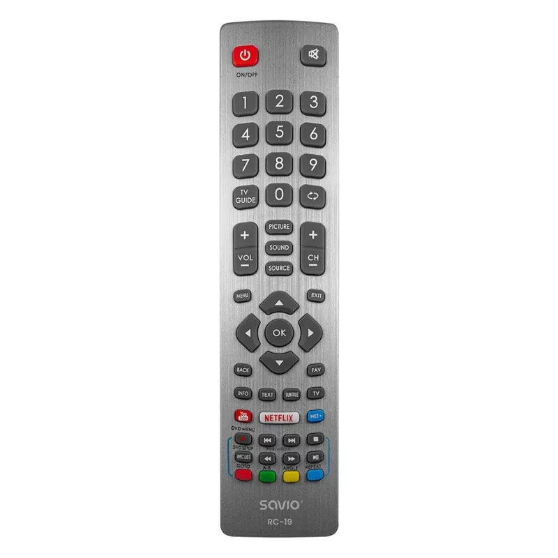 Universal remote control SAVIO RC-19 for Sharp, 47 buttons, grey, 10 m range, plastic housing