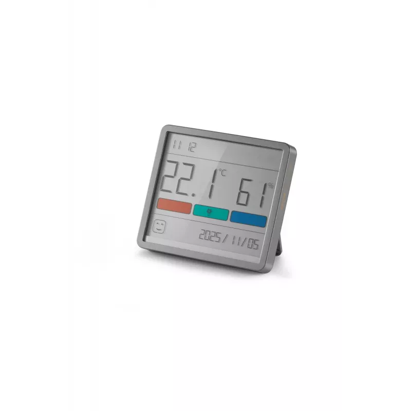 Combined hygrometer, thermometer and clock MOVA MTHM01 — indoor digital unit measuring relative humidity and temperature, compact for desk, shelf or wall