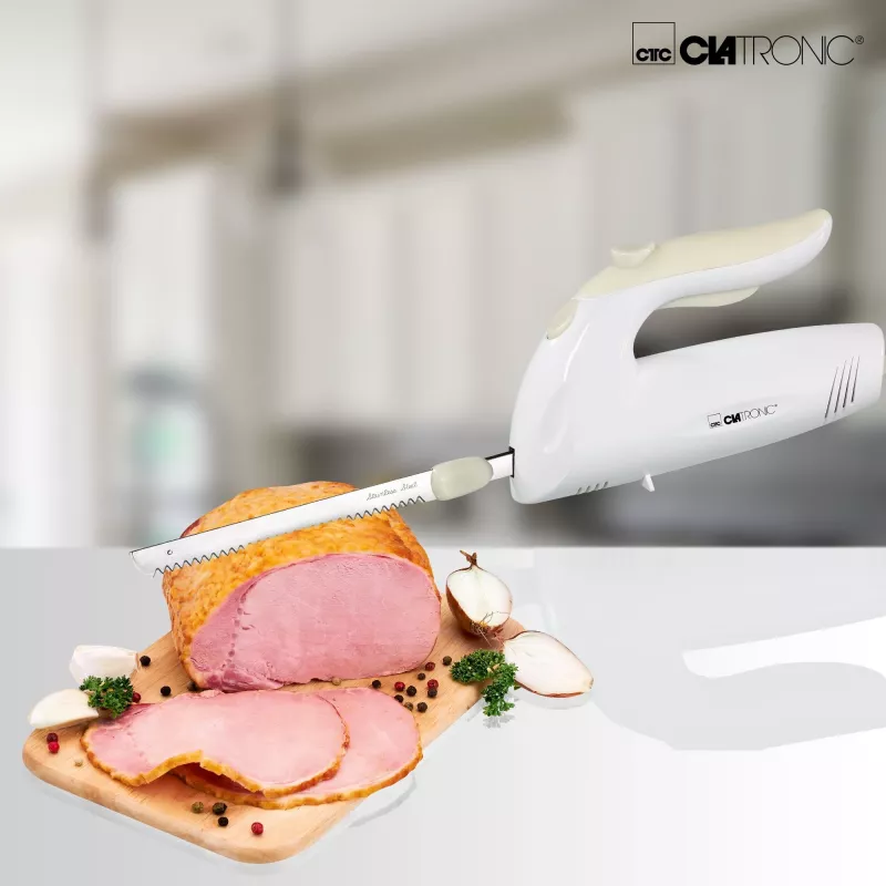 Electric knife CLATRONIC EM 3062, handheld food slicer, white, stainless steel blades, 160 W