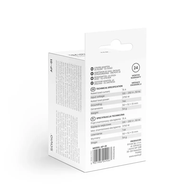 SAVIO AP-01 Travel Adapter, US socket – EU plug