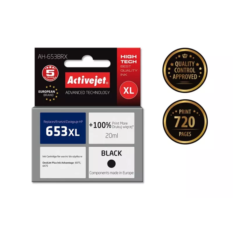 Compatible ActiveJet AH-653BRX ink cartridge for HP 653XL, black, 20 ml, high (XL) yield, 720 pages