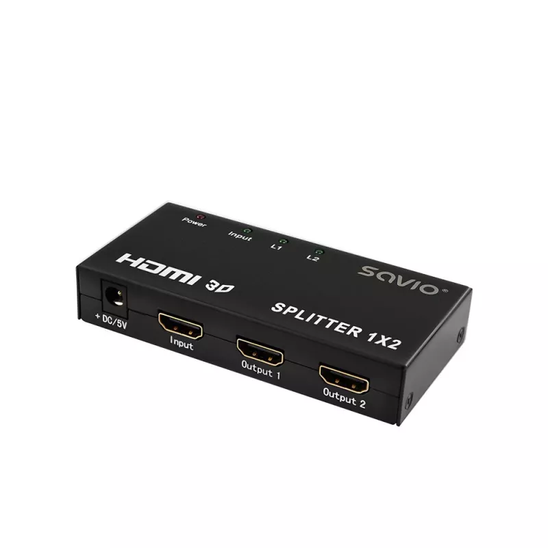 HDMI Video Splitter SAVIO CL-42 — 2x HDMI outputs, 1920x1080, 36-bit colour, metal housing, 5V/1A