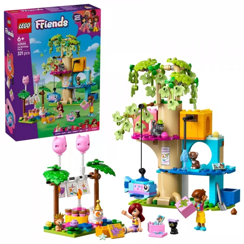 Construction toy LEGO Friends 42666 Cat Birthday Party Tree House playset, 321 pcs, 6+ yrs, 180×160×100 mm