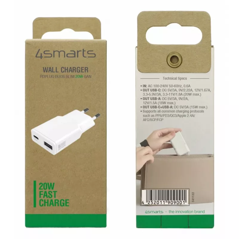 Charger 4smarts 541122 Indoor AC Fast Charging Smartphone Tablet White