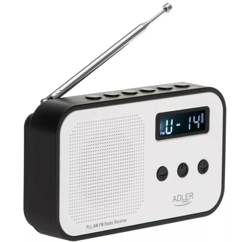 Portable digital radio Adler AD 1907 — AM/FM, digital tuner, alarm, USB-C, 600 mAh battery, LCD, 20 presets, telescopic antenna