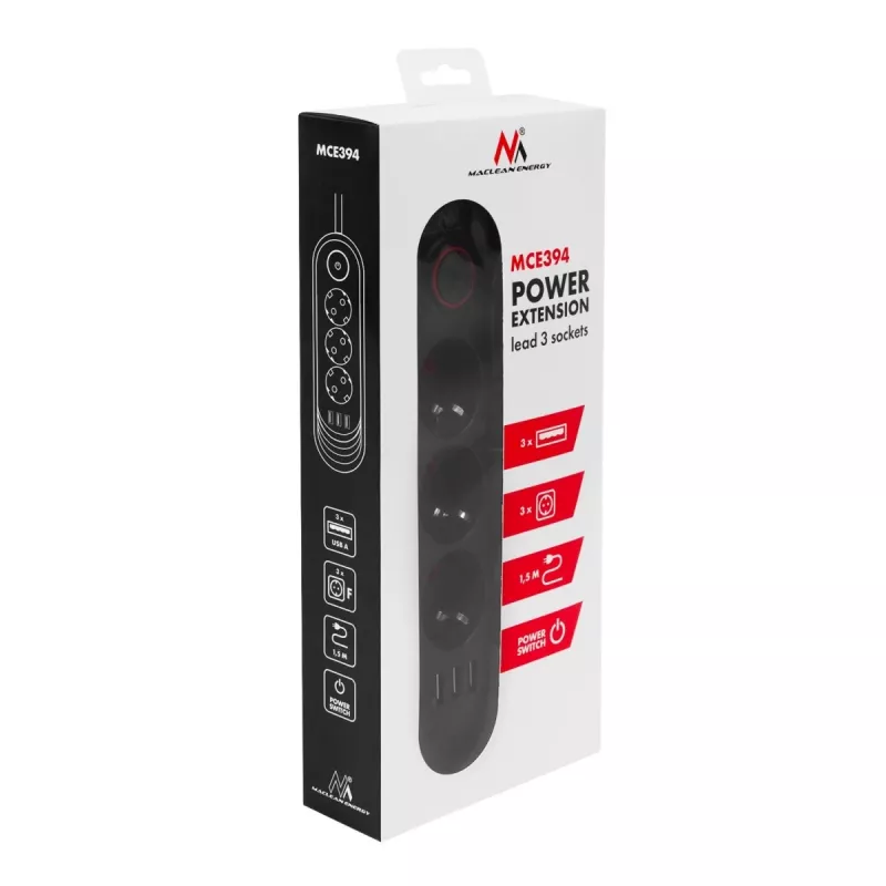 Power strip MACLEAN MCE394 B — 3 sockets + 3×USB A, 110–240V, 2.1A USB, 2500W, 1.5 m cable, black