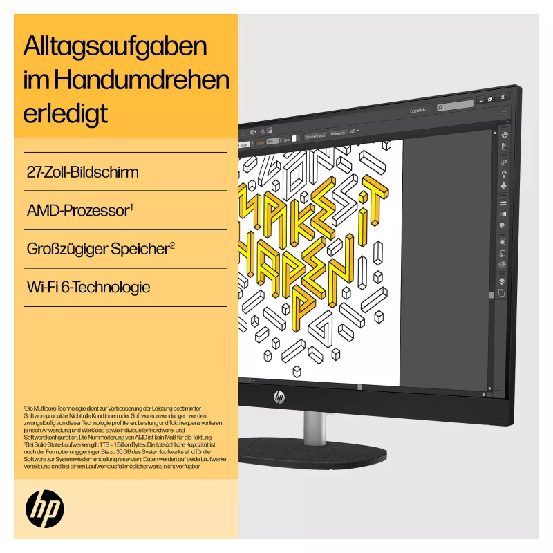 HP 27-cr0471ng - All-in-One (Complete Solution) - Ryzen 7 7730U - RAM 16 GB - SSD 512 GB - NVMe - Radeon Graphics - 1GbE, Wi-Fi 6, Bluetooth - WLAN: 802.11a/b/g/n/ac/ax, Bluetooth 