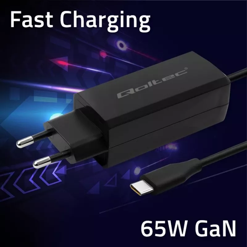 GaN Laptop Charger QOLTEC 52419 65W USB-C PD 5V/20V 3A/3.25A, 220–240V, 1.8m cable, black