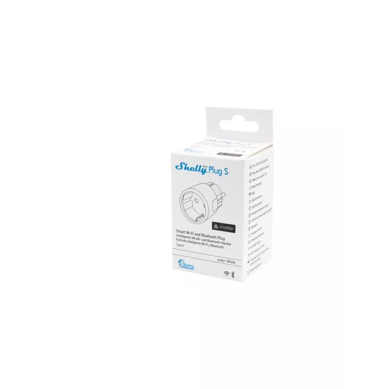 Smart plug Shelly Plug S Gen3 — Wi‑Fi smart socket with energy monitoring, Type F, 110–230 V, 2500 W, white
