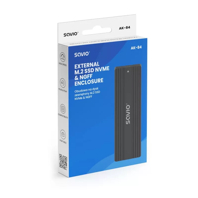 SSD enclosure SAVIO AK-84 Black for M.2 drives, USB 10 Gbit/s (Type-A / Type-C), aluminium + ABS