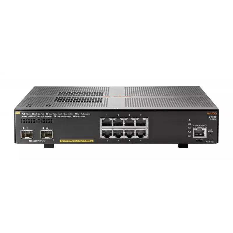 Hewlett Packard Enterprise HPE Aruba 2930F 8G PoE+ 2SFP+ - Switch - L3 - managed - 8 x 10/100/1000 (PoE+) + 2 x 1 Gigabit/10 Gigabit SFP+ (Uplink) - rack-mountable - PoE+ (125