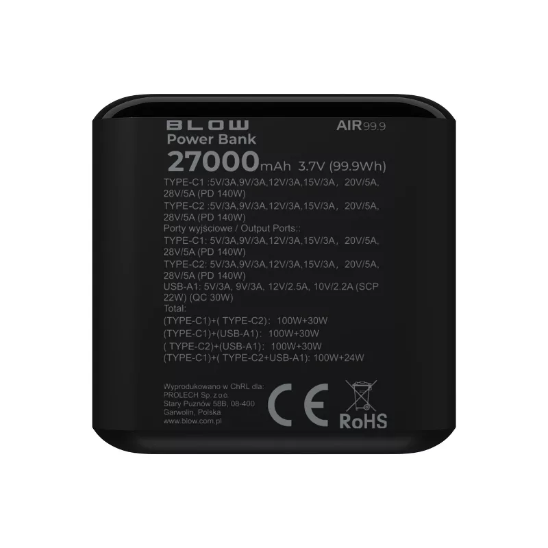 Power bank BLOW AIR99.9 27000mAh PD 140W LCD — 2× USB‑C, 1× USB‑A, 27000 mAh, 140 W total