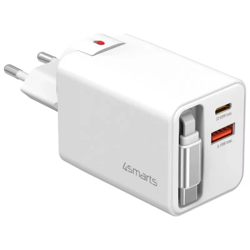 Indoor USB-C/USB-A Fast Charger 4smarts 541065 — Universal AC 100–240V, Max 20V, 0.7 m cable, White