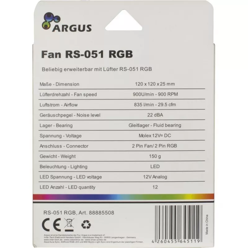 INTER-TECH Argus RS-051 ARGB 120mm Case Fan - Black